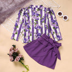 Toddler Girl Purple Rose Print Girls Outfit, Spring Fall Stripe Top With Belt Skirts