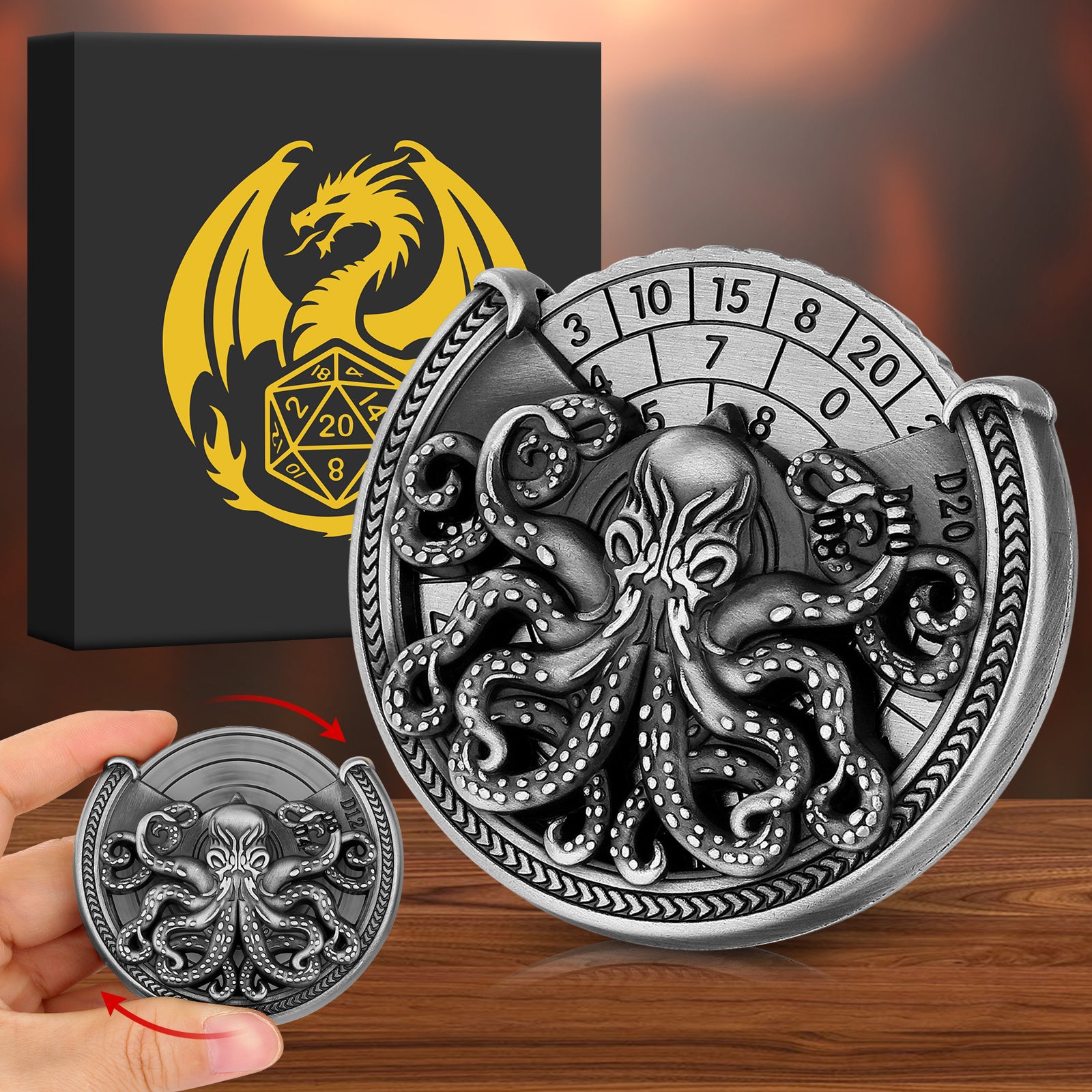Vintage Kesulu Style, Super Refined Metal Octopus Dice Turntable Gift Box, Immersive Board Game Experience, D20 Random Surprise, Necessary Props For D&D Team