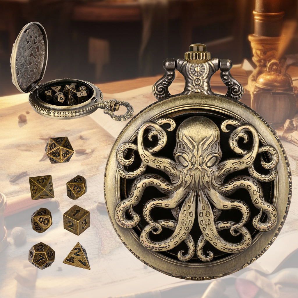 Thick Chain Octopus Symmetrical Pocket Watch Dice Set, Equipped With 7 Mini DND Dice
