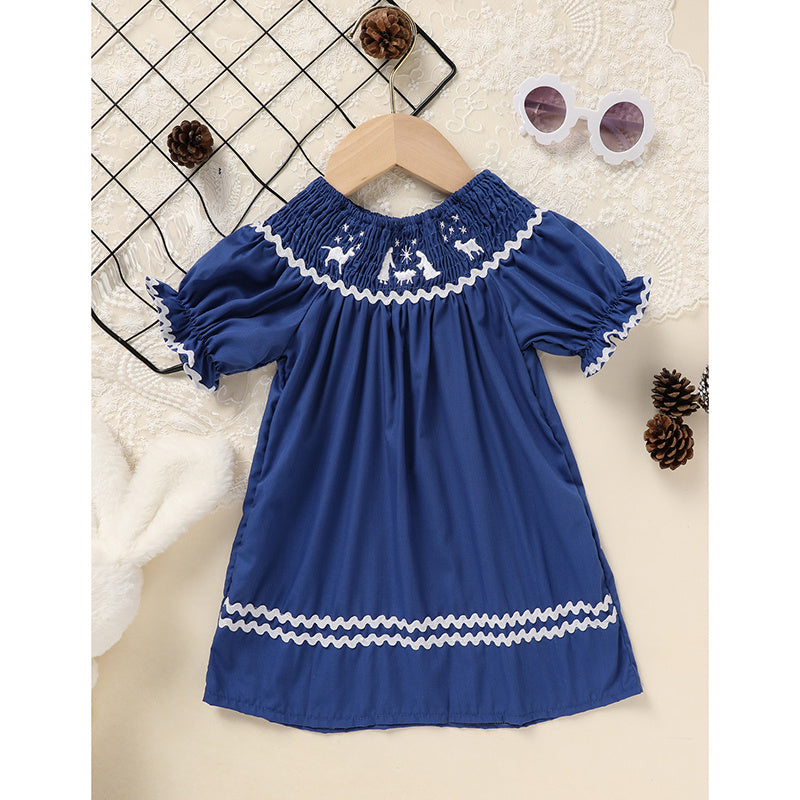 Toddler Infant Girl Christmas  Embroidery Short Sleeve Princess Party Dress Smocked Baby Girl Clothes