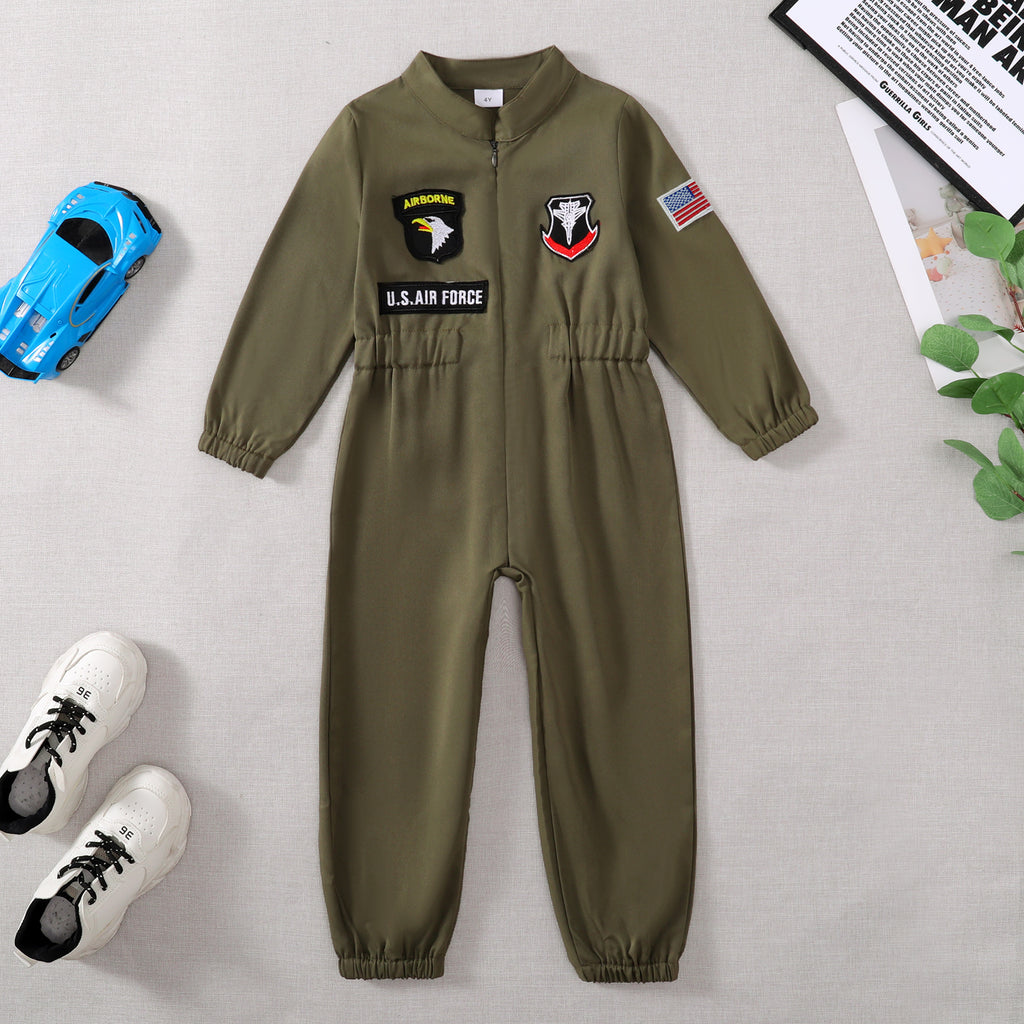 Toddler Boys Pilot Jumpsuit Army Green Long Sleeve Romper