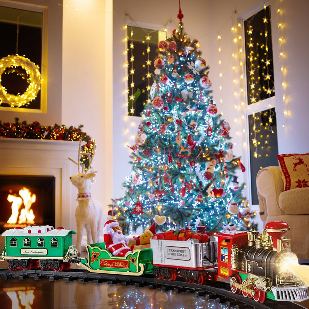 Train Set  Christmas Steam Train Kit Tree Surround Track Battery Operated With Sound Light