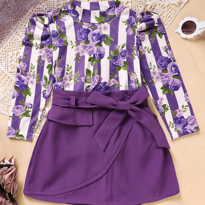 Toddler Girl Purple Rose Print Girls Outfit, Spring Fall Stripe Top With Belt Skirts