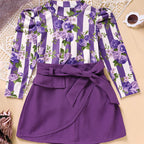 Toddler Girl Purple Rose Print Girls Outfit, Spring Fall Stripe Top With Belt Skirts