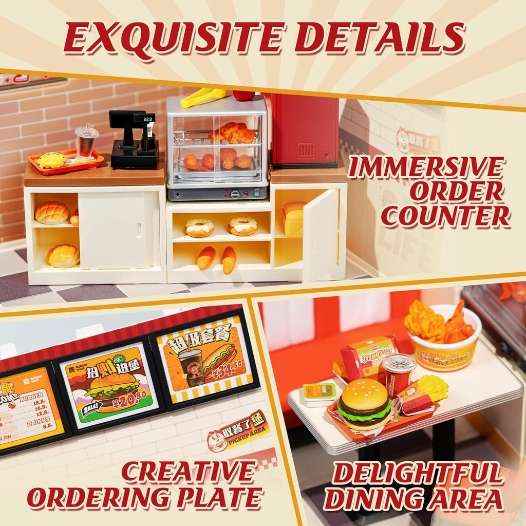 ROBOTIME DIY Miniature Dollhouse Kits Yum Burgers With LED Building Craft