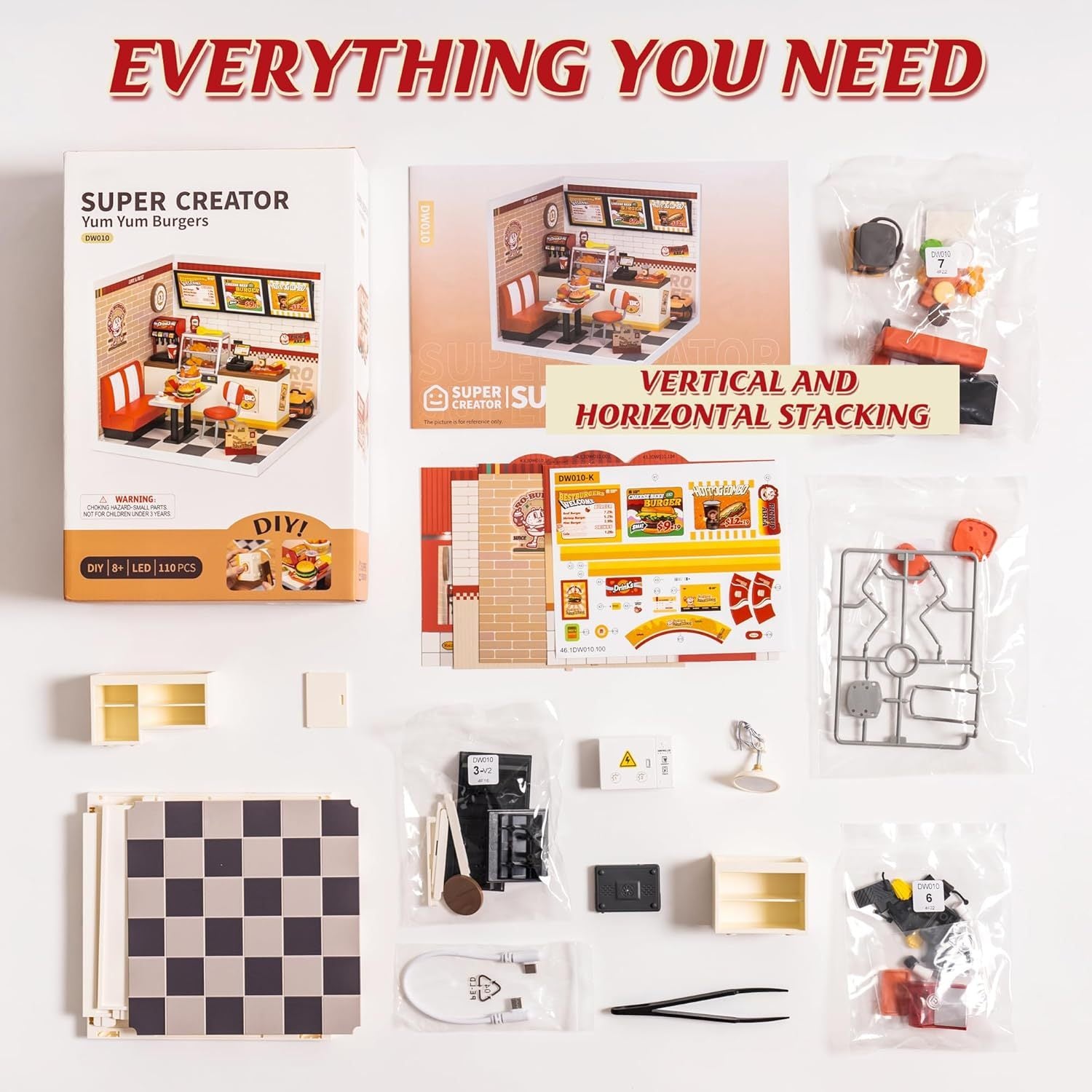 ROBOTIME DIY Miniature Dollhouse Kits Yum Burgers With LED Building Craft