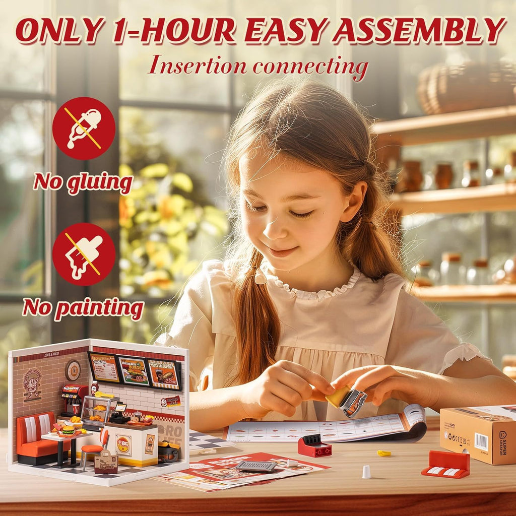ROBOTIME DIY Miniature Dollhouse Kits Yum Burgers With LED Building Craft
