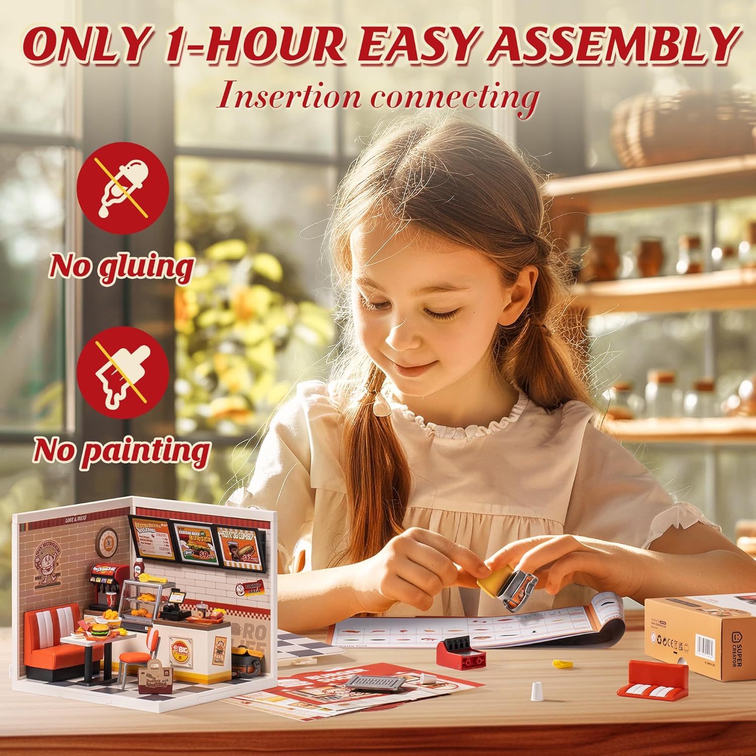 ROBOTIME DIY Miniature Dollhouse Kits Yum Burgers With LED Building Craft