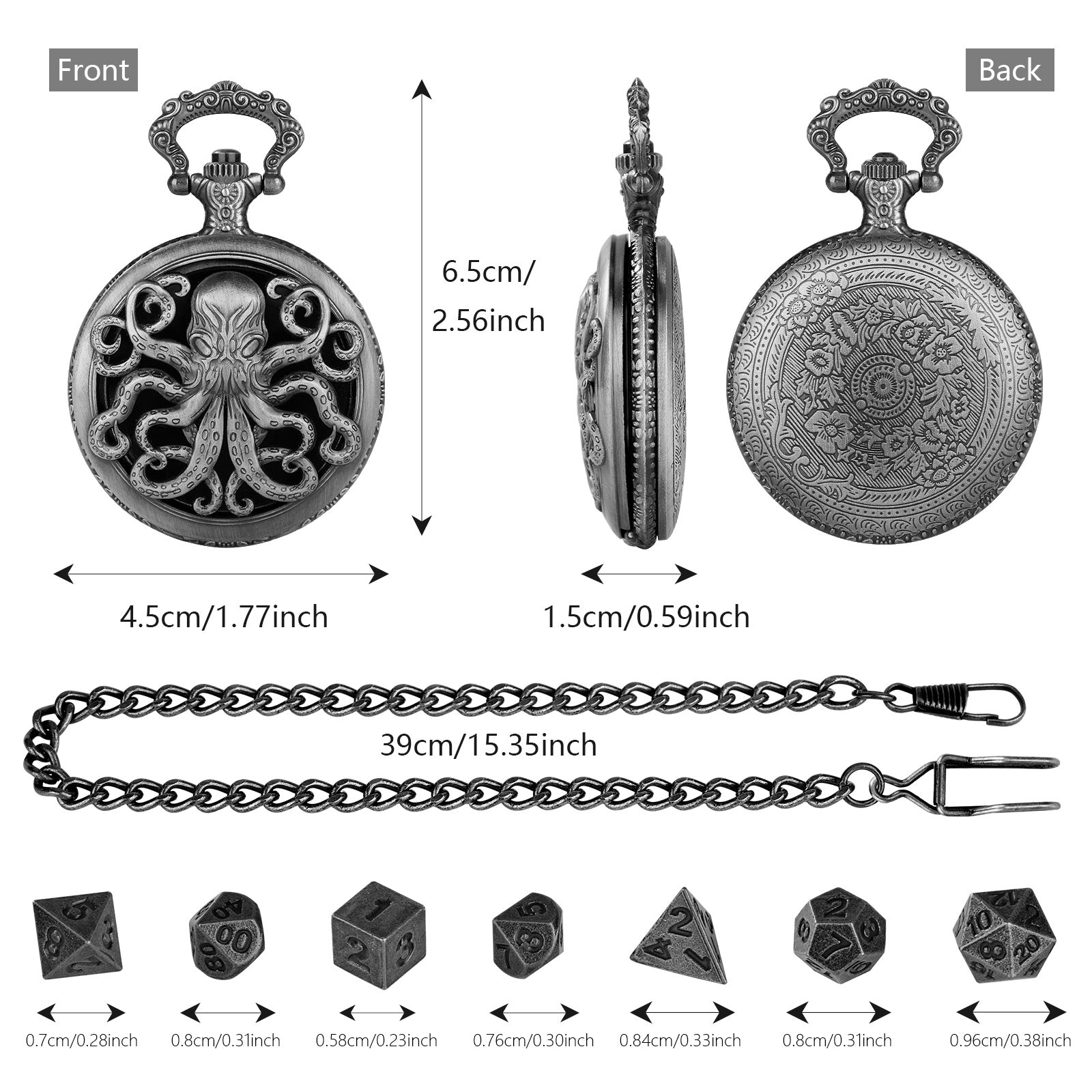 Thick Chain Octopus Symmetrical Pocket Watch Dice Set, Equipped With 7 Mini DND Dice