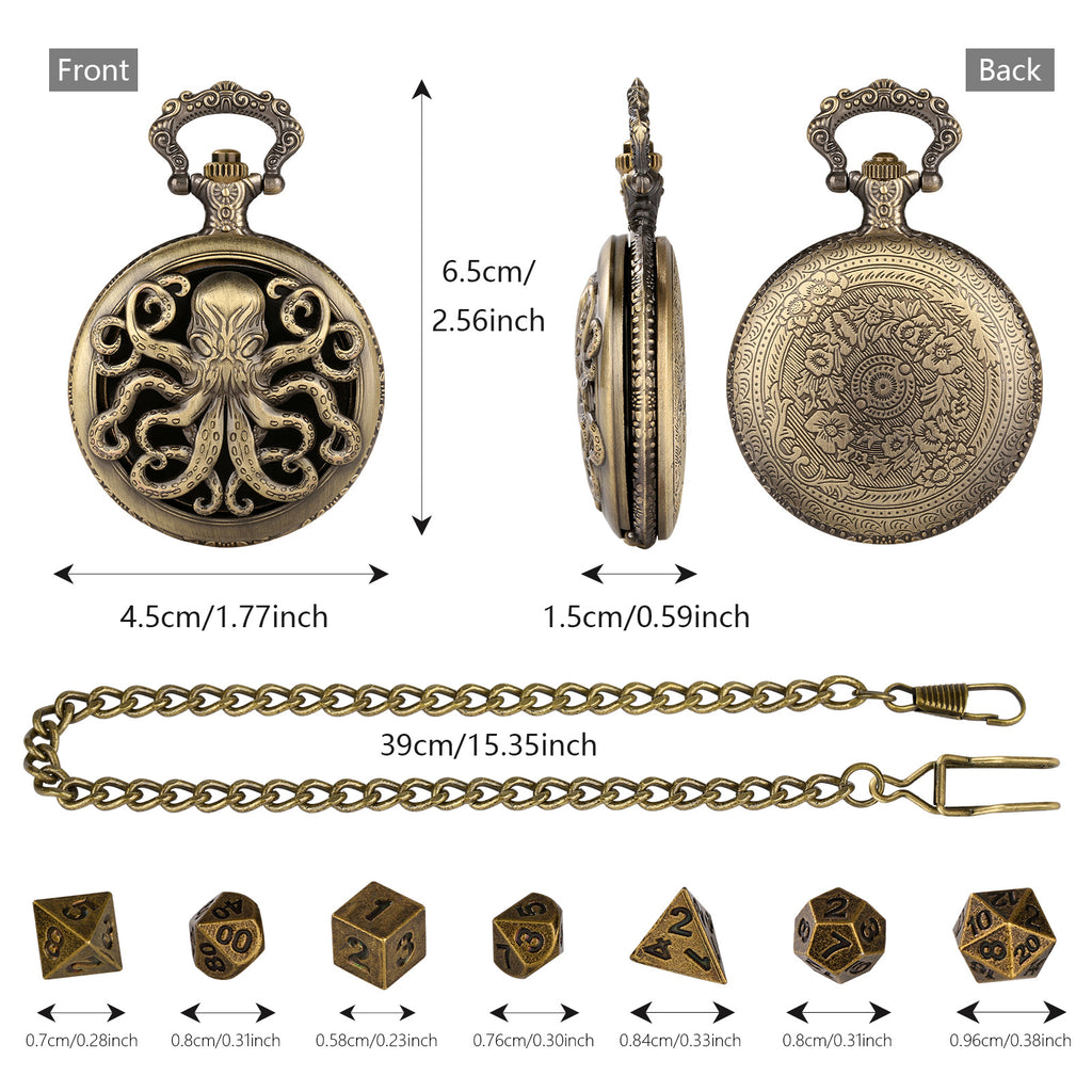 Thick Chain Octopus Symmetrical Pocket Watch Dice Set, Equipped With 7 Mini DND Dice