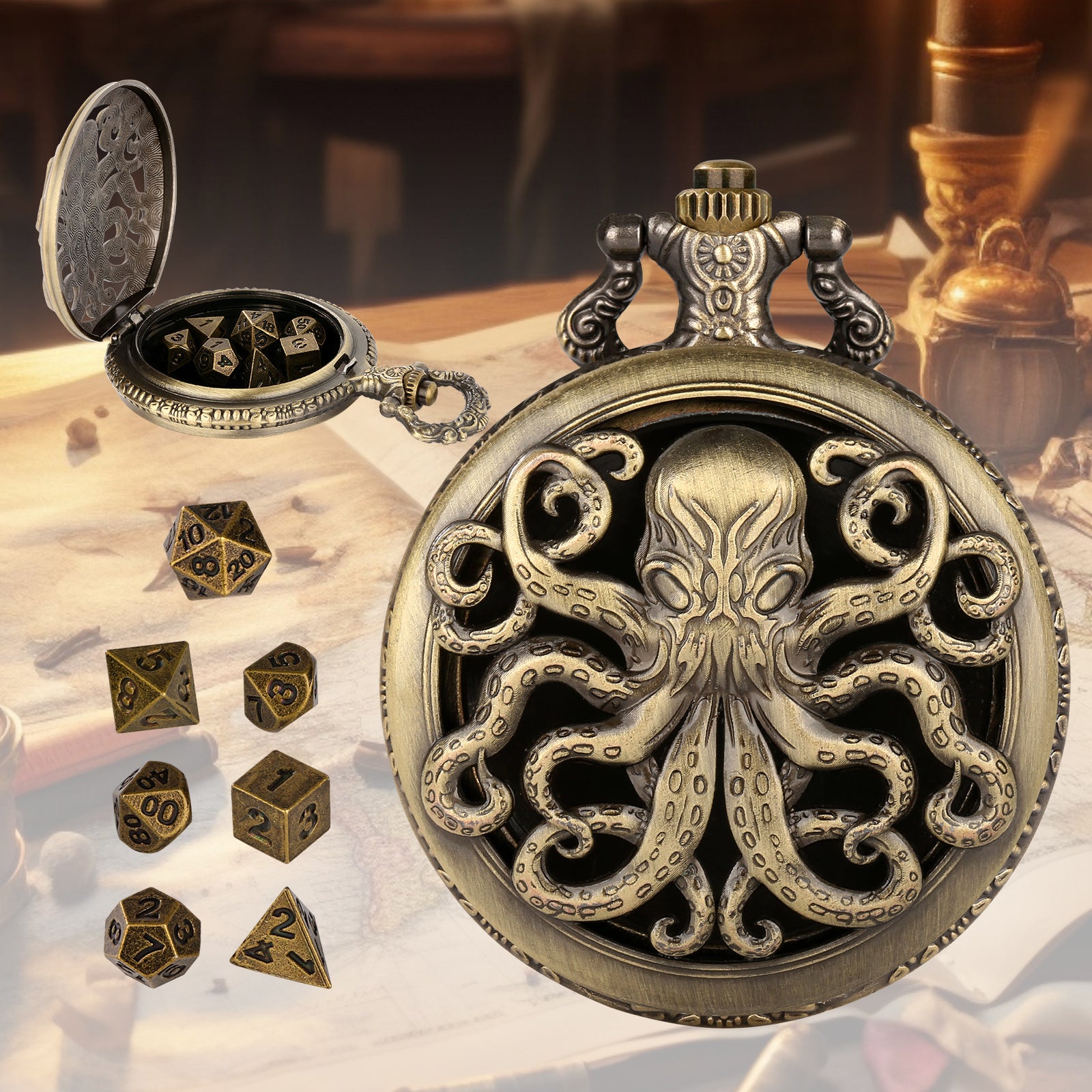 Thick Chain Octopus Symmetrical Pocket Watch Dice Set, Equipped With 7 Mini DND Dice