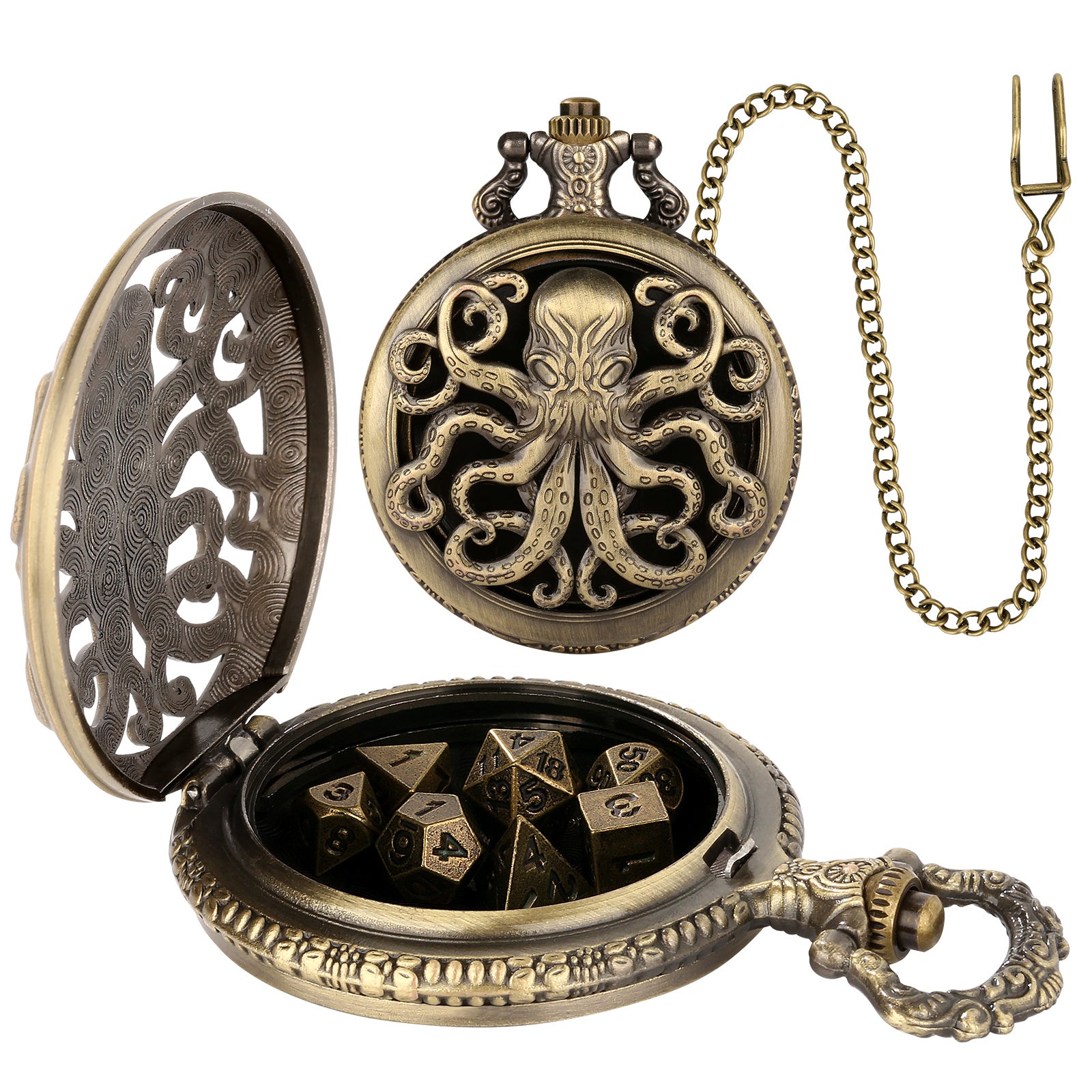Thick Chain Octopus Symmetrical Pocket Watch Dice Set, Equipped With 7 Mini DND Dice