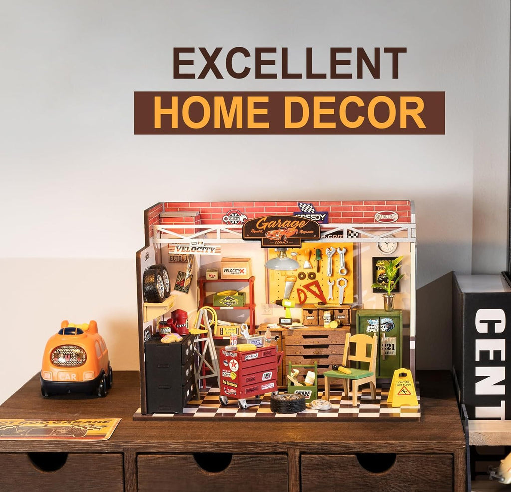 ROBOTIME DIY Miniature House Kit Garage Workshop With Light, Wooden Dollhouse Model Building Kit For Adults and Teens