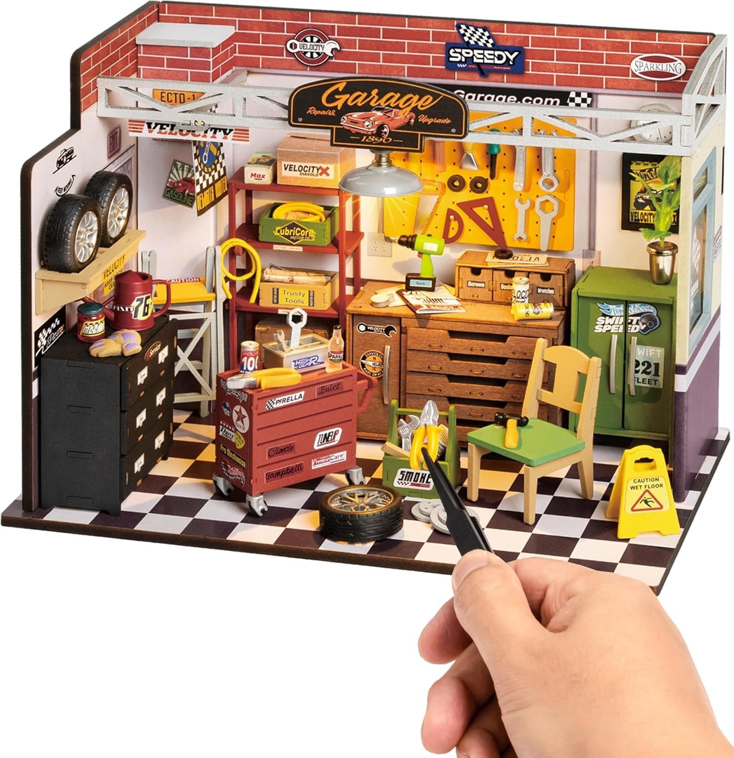 ROBOTIME DIY Miniature House Kit Garage Workshop With Light, Wooden Dollhouse Model Building Kit For Adults and Teens
