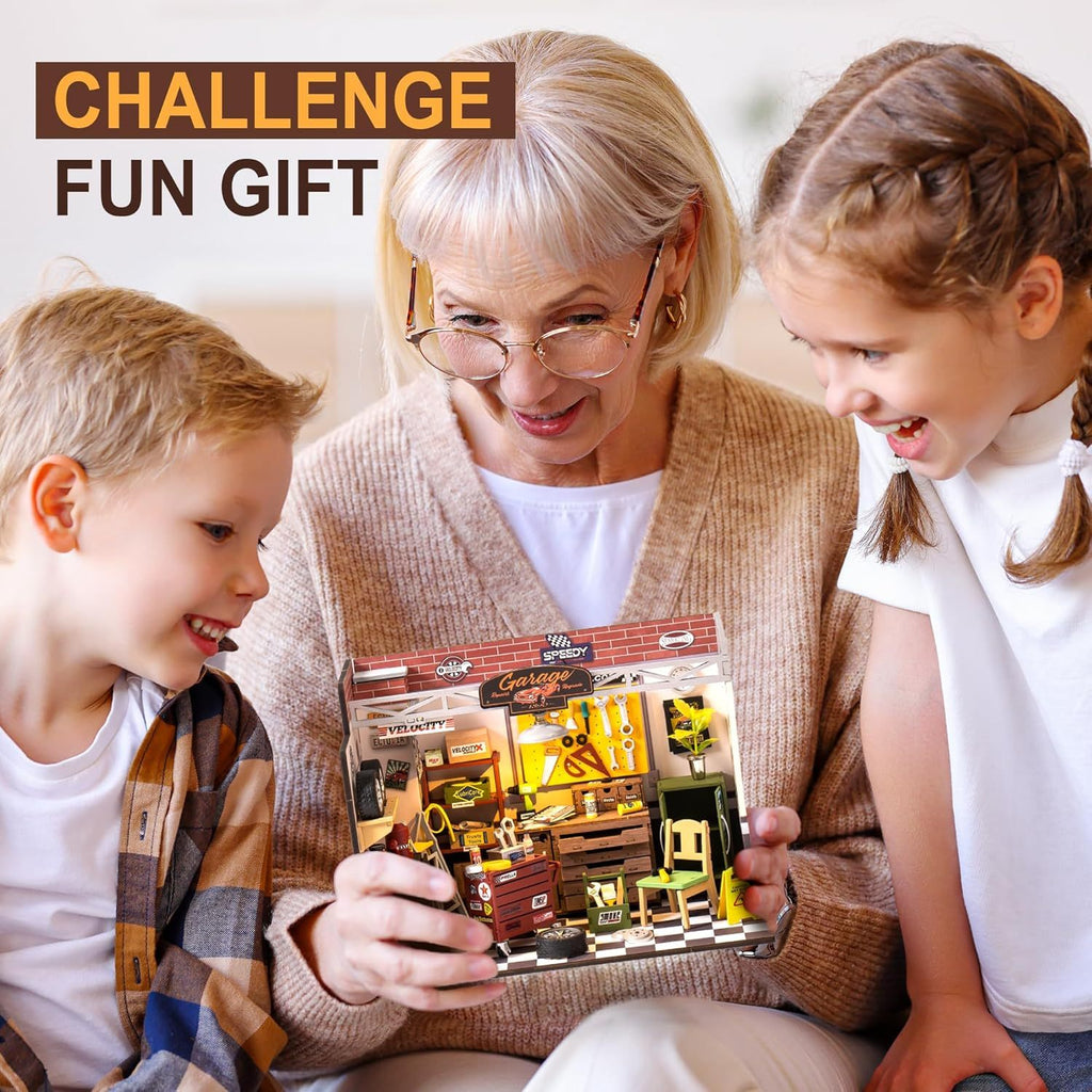 ROBOTIME DIY Miniature House Kit Garage Workshop With Light, Wooden Dollhouse Model Building Kit For Adults and Teens