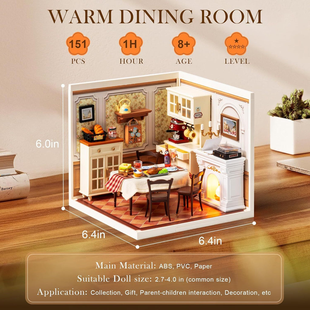 ROBOTIME DIY Miniature House Kit Dollhouse Model Building Craft Kit Warm Dining Room