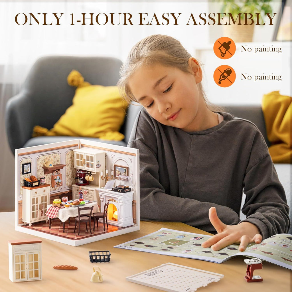 ROBOTIME DIY Miniature House Kit Dollhouse Model Building Craft Kit Warm Dining Room