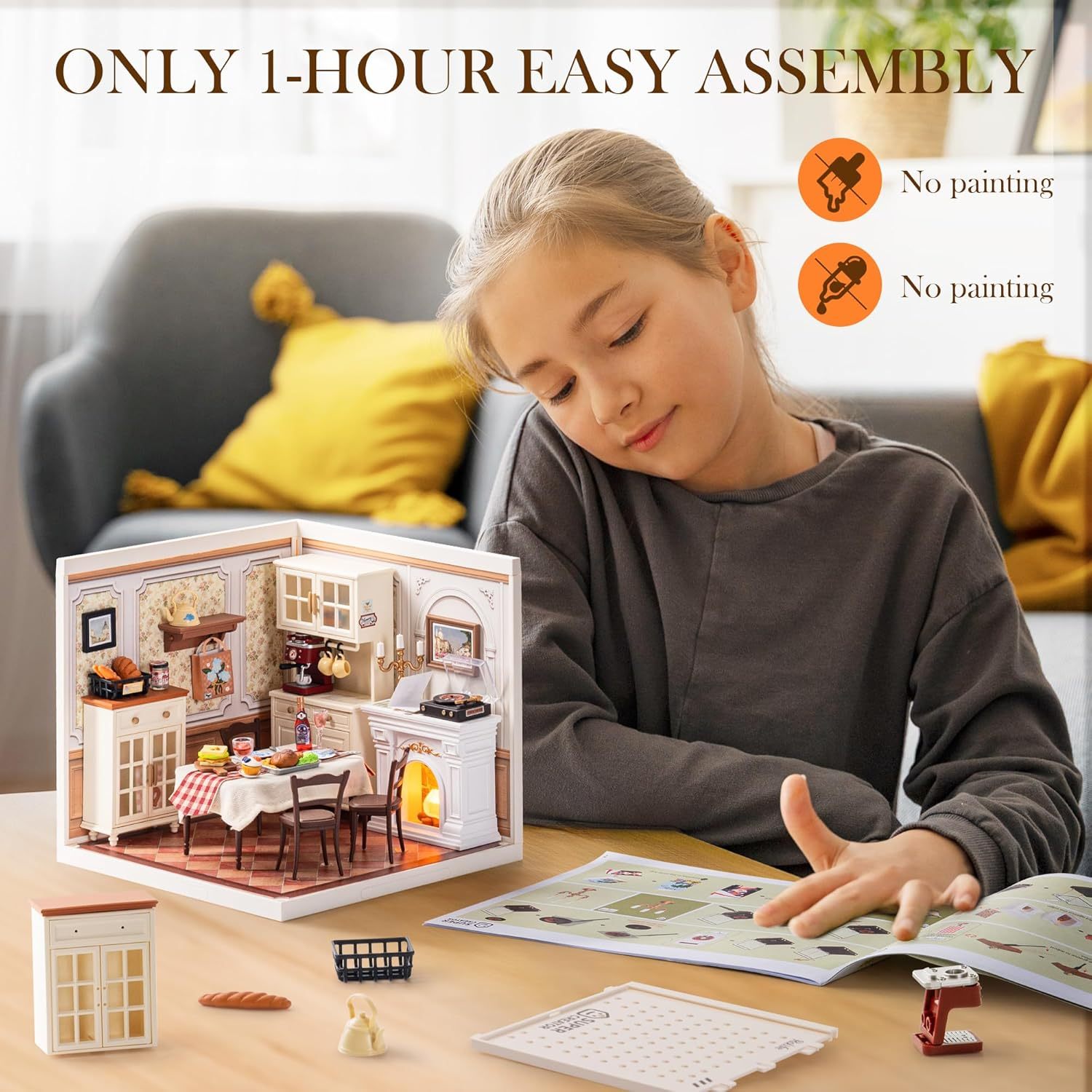 ROBOTIME DIY Miniature House Kit Dollhouse Model Building Craft Kit Warm Dining Room