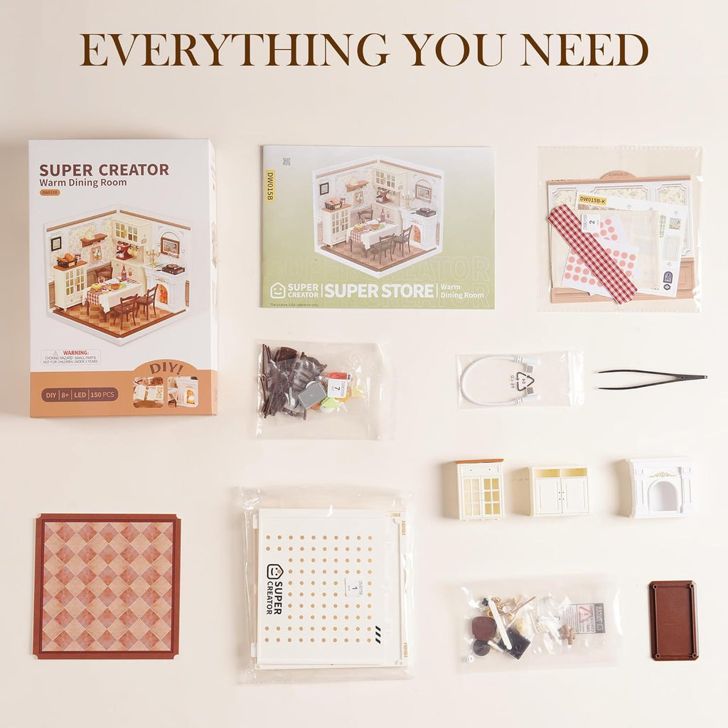 ROBOTIME DIY Miniature House Kit Dollhouse Model Building Craft Kit Warm Dining Room