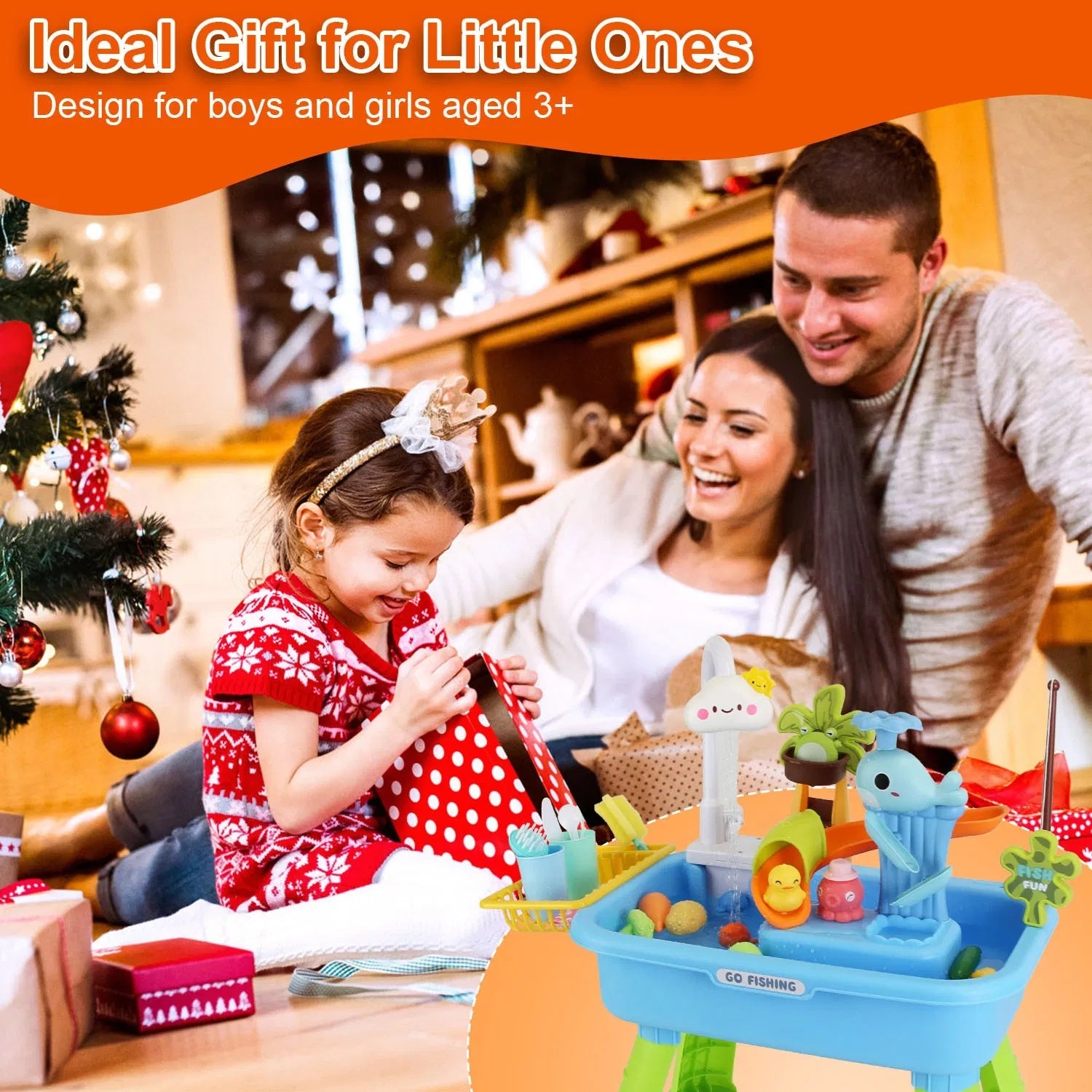 3 In 1 Kitchen Sink Toy With Electric Faucet Water Table Fishing Game