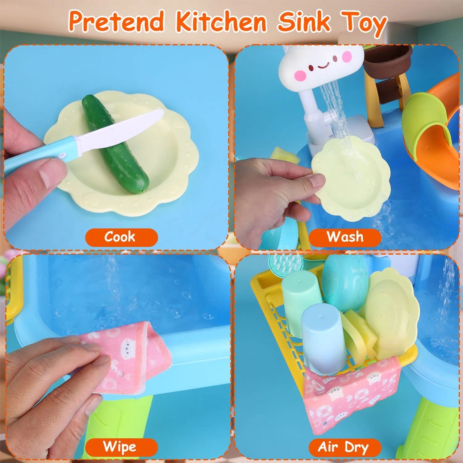 3 In 1 Kitchen Sink Toy With Electric Faucet Water Table Fishing Game