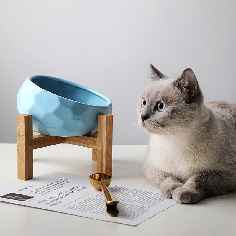 Pet bowl oblique mouth cat bowl dog bowl bucket food bowl with wooden stand