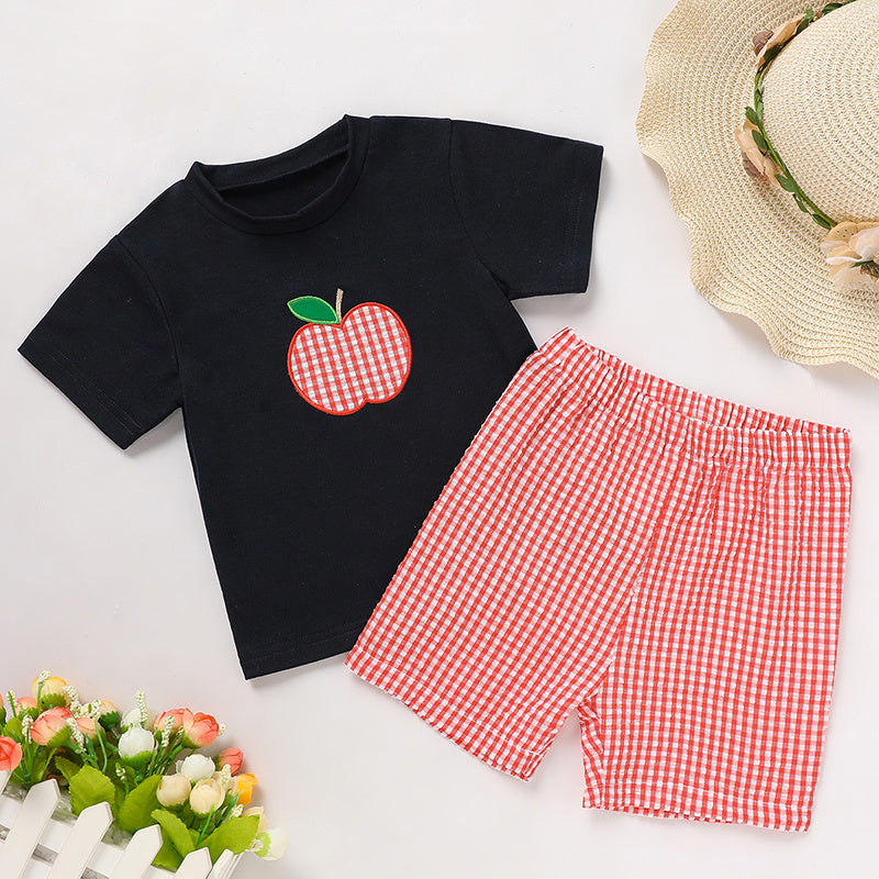 Toddler  Back To School Outfit Summer Applique T-Shirt & Red Gingham Shorts Set