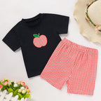 Toddler  Back To School Outfit Summer Applique T-Shirt & Red Gingham Shorts Set