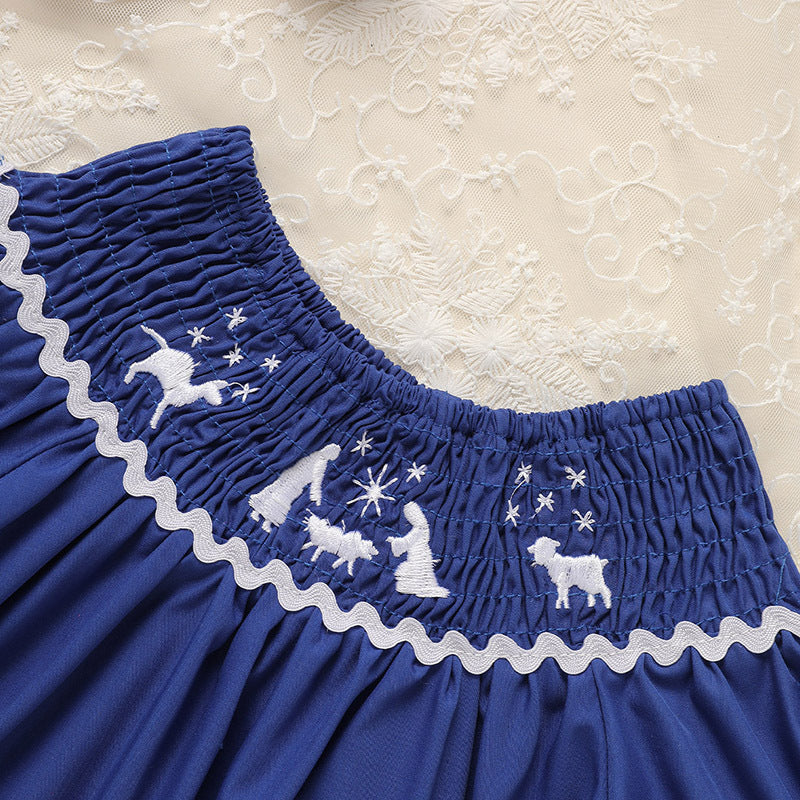 Toddler Infant Girl Christmas  Embroidery Short Sleeve Princess Party Dress Smocked Baby Girl Clothes