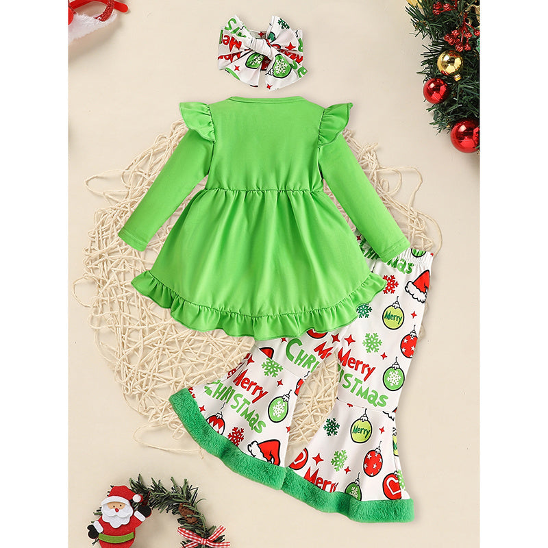 Toddler Baby Girls Christmas Clothes Ruffle Long Sleeve Heart Print Tops Dress Christmas Ball Print Flared Pants With Headband Outfits Set