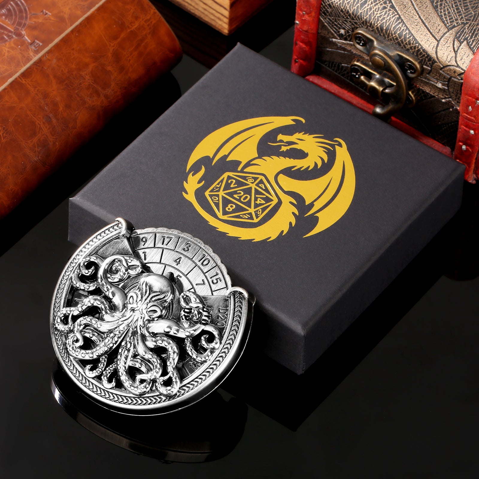 Vintage Kesulu Style, Super Refined Metal Octopus Dice Turntable Gift Box, Immersive Board Game Experience, D20 Random Surprise, Necessary Props For D&D Team