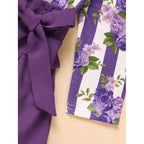 Toddler Girl Purple Rose Print Girls Outfit, Spring Fall Stripe Top With Belt Skirts