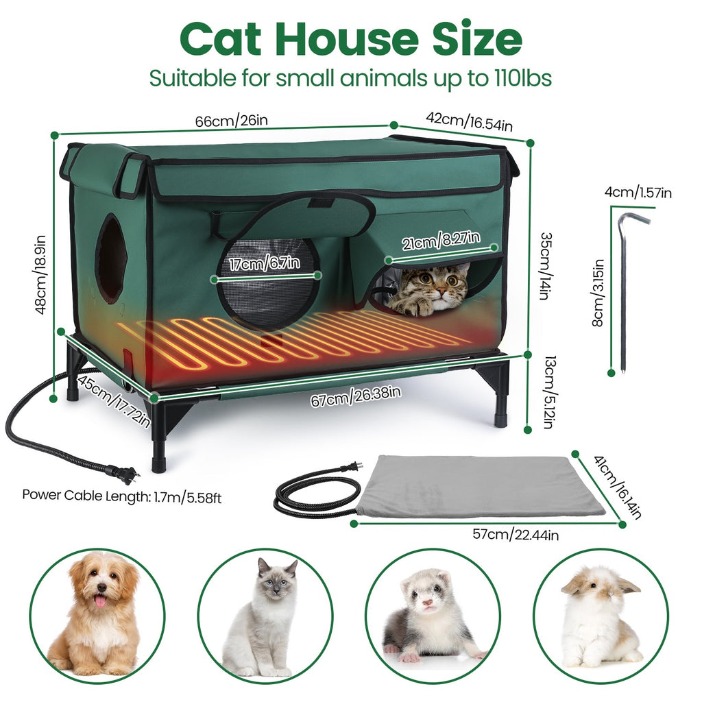 Waterproof Heated Cat House Outdoor Weatherproof Insulated Kitty Shelter for Feral Cat Heated-Chew Cord