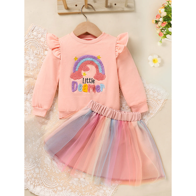 Girls Rainbow Skirt Set Letters Embroidery Long Sleeve Sweatshirt Tops & Rainbow Tutu Skirt Outfits