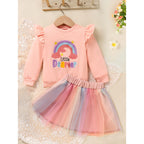 Girls Rainbow Skirt Set Letters Embroidery Long Sleeve Sweatshirt Tops & Rainbow Tutu Skirt Outfits