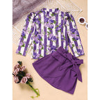 Toddler Girl Purple Rose Print Girls Outfit, Spring Fall Stripe Top With Belt Skirts