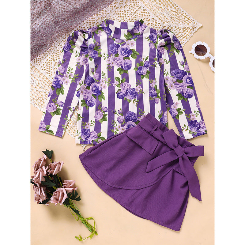 Toddler Girl Purple Rose Print Girls Outfit, Spring Fall Stripe Top With Belt Skirts