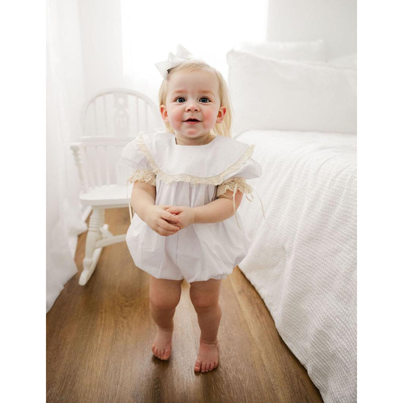 Baby Girl White Lace Romper Soft & Stylish Short Sleeve Bubble Jumpsuit