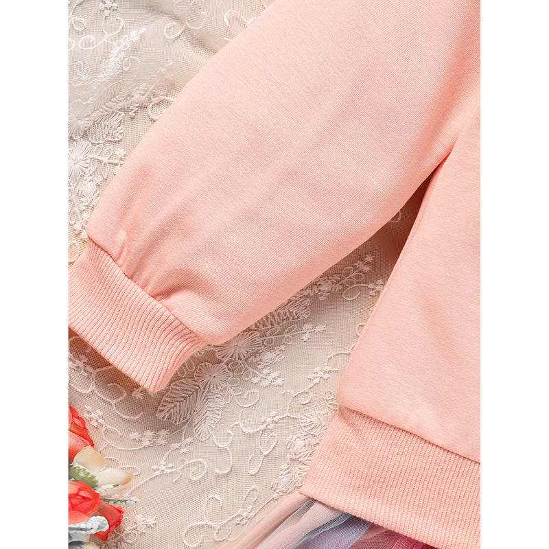 Girls Rainbow Skirt Set Letters Embroidery Long Sleeve Sweatshirt Tops & Rainbow Tutu Skirt Outfits