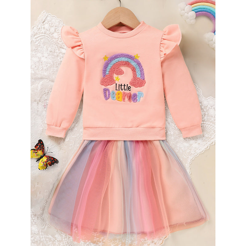 Girls Rainbow Skirt Set Letters Embroidery Long Sleeve Sweatshirt Tops & Rainbow Tutu Skirt Outfits