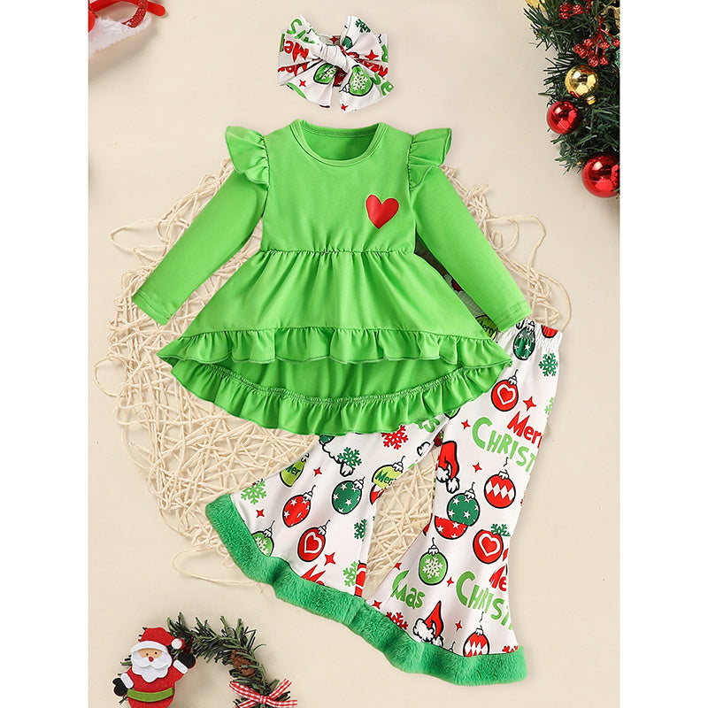Toddler Baby Girls Christmas Clothes Ruffle Long Sleeve Heart Print Tops Dress Christmas Ball Print Flared Pants With Headband Outfits Set