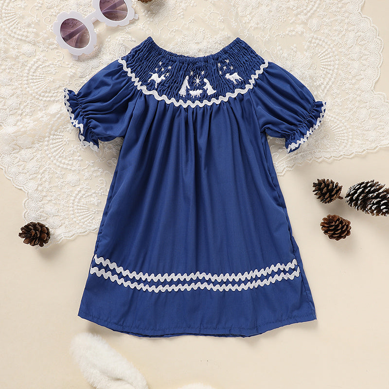 Toddler Infant Girl Christmas  Embroidery Short Sleeve Princess Party Dress Smocked Baby Girl Clothes