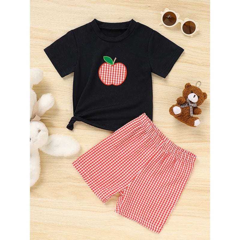 Toddler  Back To School Outfit Summer Applique T-Shirt & Red Gingham Shorts Set