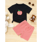 Toddler  Back To School Outfit Summer Applique T-Shirt & Red Gingham Shorts Set