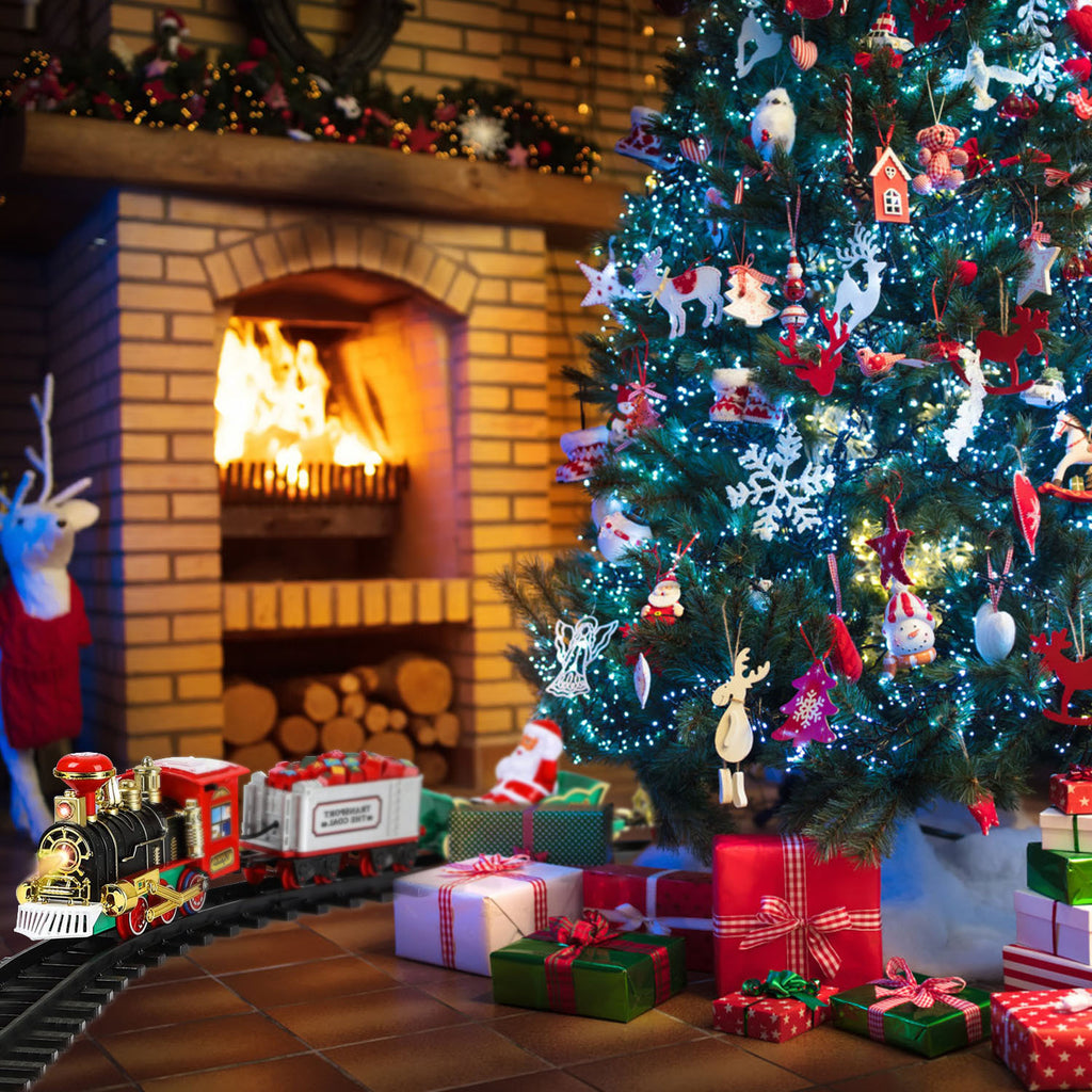 Train Set  Christmas Steam Train Kit Tree Surround Track Battery Operated With Sound Light