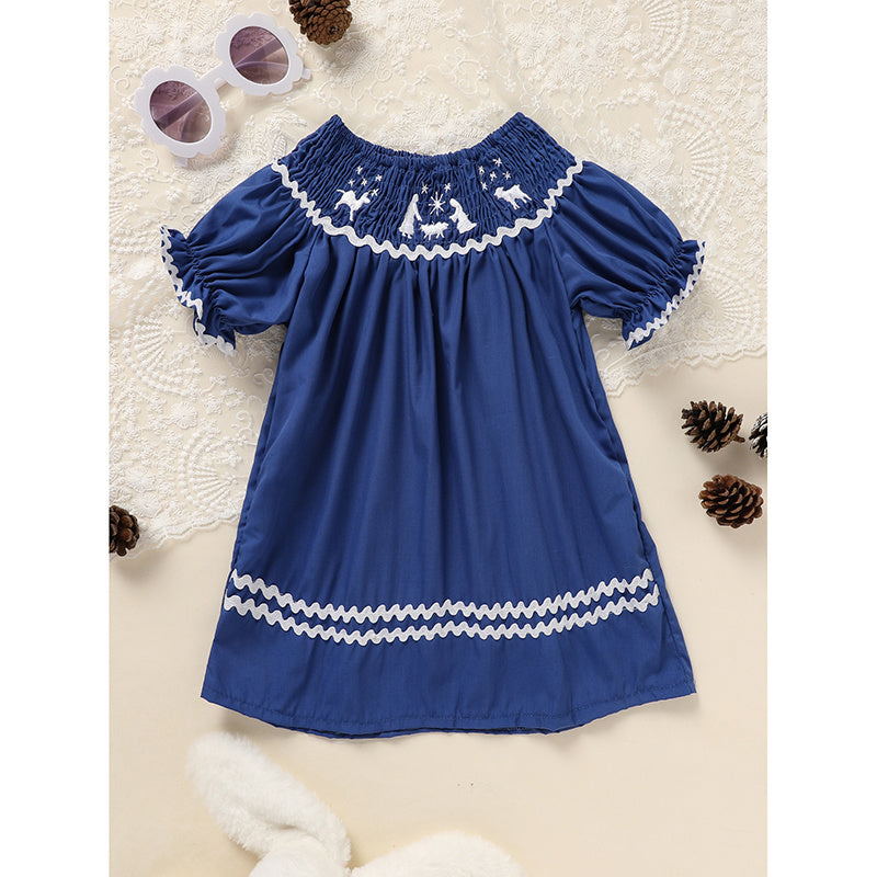 Toddler Infant Girl Christmas  Embroidery Short Sleeve Princess Party Dress Smocked Baby Girl Clothes