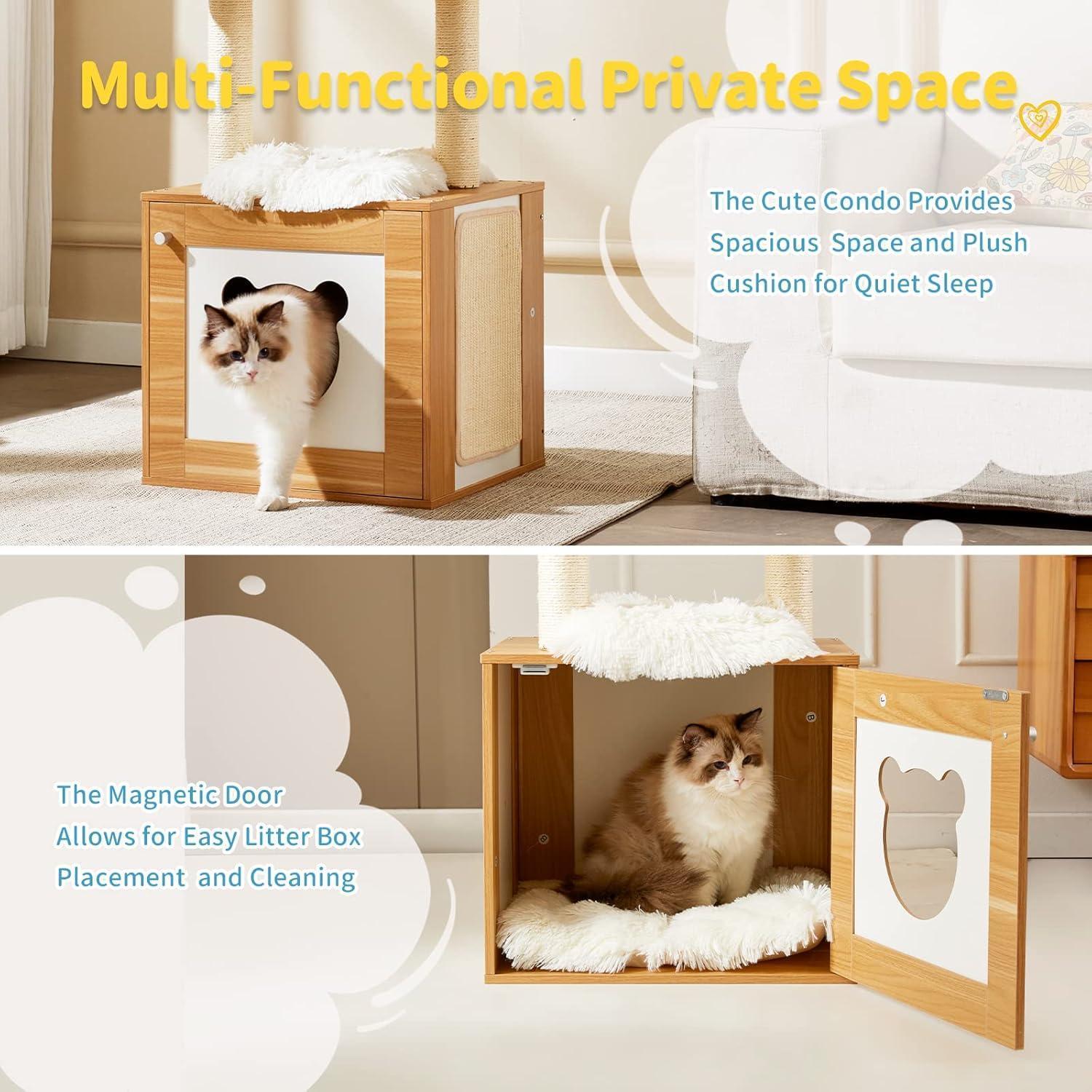 Solid Wood Cat Tree And Tower With Litter Box, Cat Scratching Board And Hammock For Indoor Large Cats