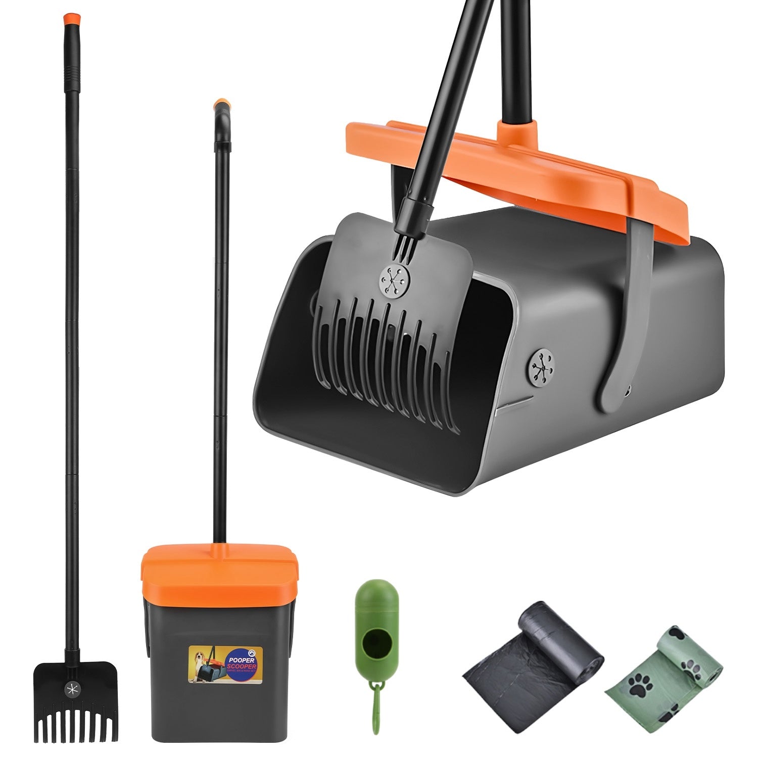 Pooper Scooper Kit Dog Poop Rake & Swiveling Bin