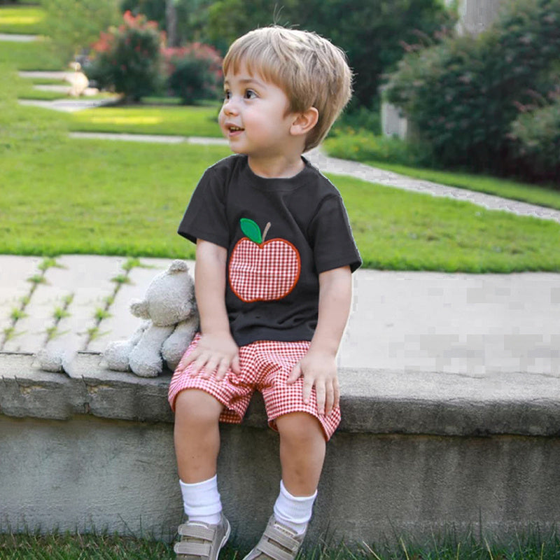 Toddler  Back To School Outfit Summer Applique T-Shirt & Red Gingham Shorts Set
