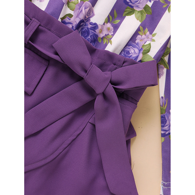 Toddler Girl Purple Rose Print Girls Outfit, Spring Fall Stripe Top With Belt Skirts